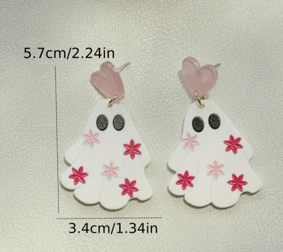 Acrylic Cartoon Ghost Pastel Pink Stars Design Halloween Heart Drop Dangle Earrings