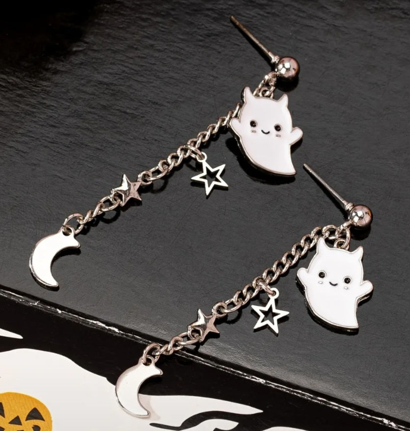 Adorable Enamel Little Devil Ghost Silver Plated Star Moon design Chain Tassle Earrings Punk Gothic Perfect For Halloween