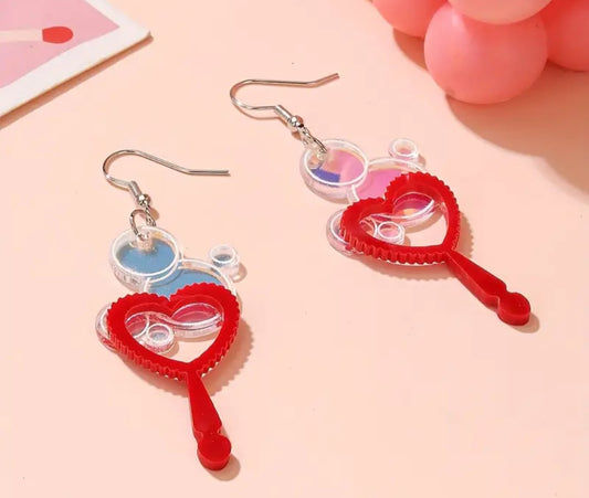 Retro Super Fun Acrylic With Mirror Look Accents Red Heart Shape Bubble Blower Wand With Reflective Bubbles Design Drop Dangle Earrings