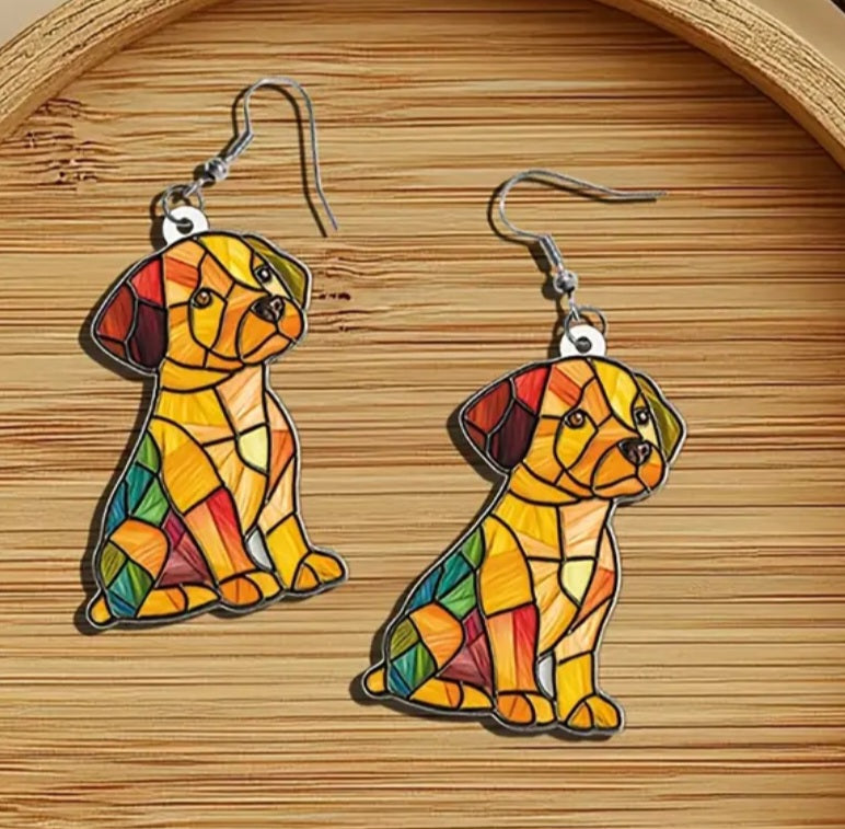 Acrylic Colourful Dog Puppy Stain Glass Windiw Design Drop Dangle Earrings