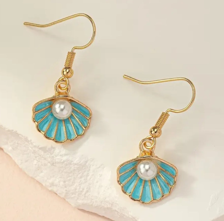 Enamel Painted Gold Plated Faux Pearl Blue Scalloped Shell Design Drop Dangle Earrings