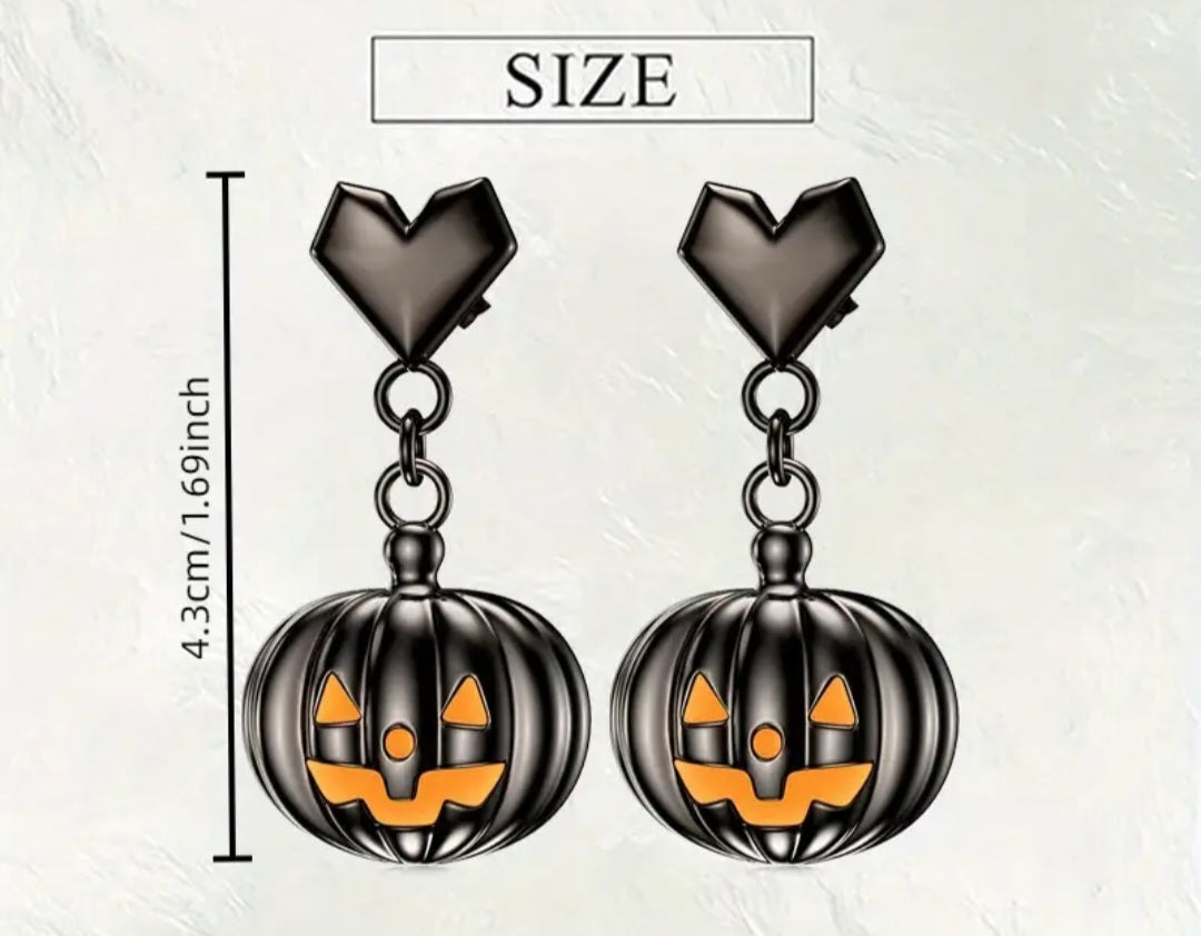 Black Enamel Gothic Halloween Painted Metal Jack O' Lantern Pumpkin  Heart Design Drop Dangle Earrings