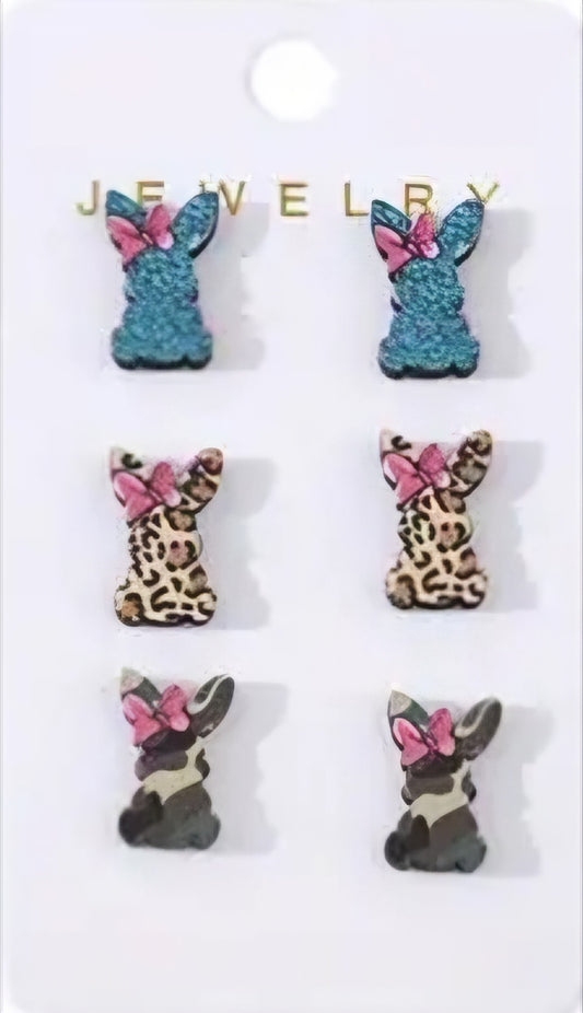 Cartoon Colourful Easter Bunny Rabbit Prints Spring Small Wood Stud Earrings Set Of 3
