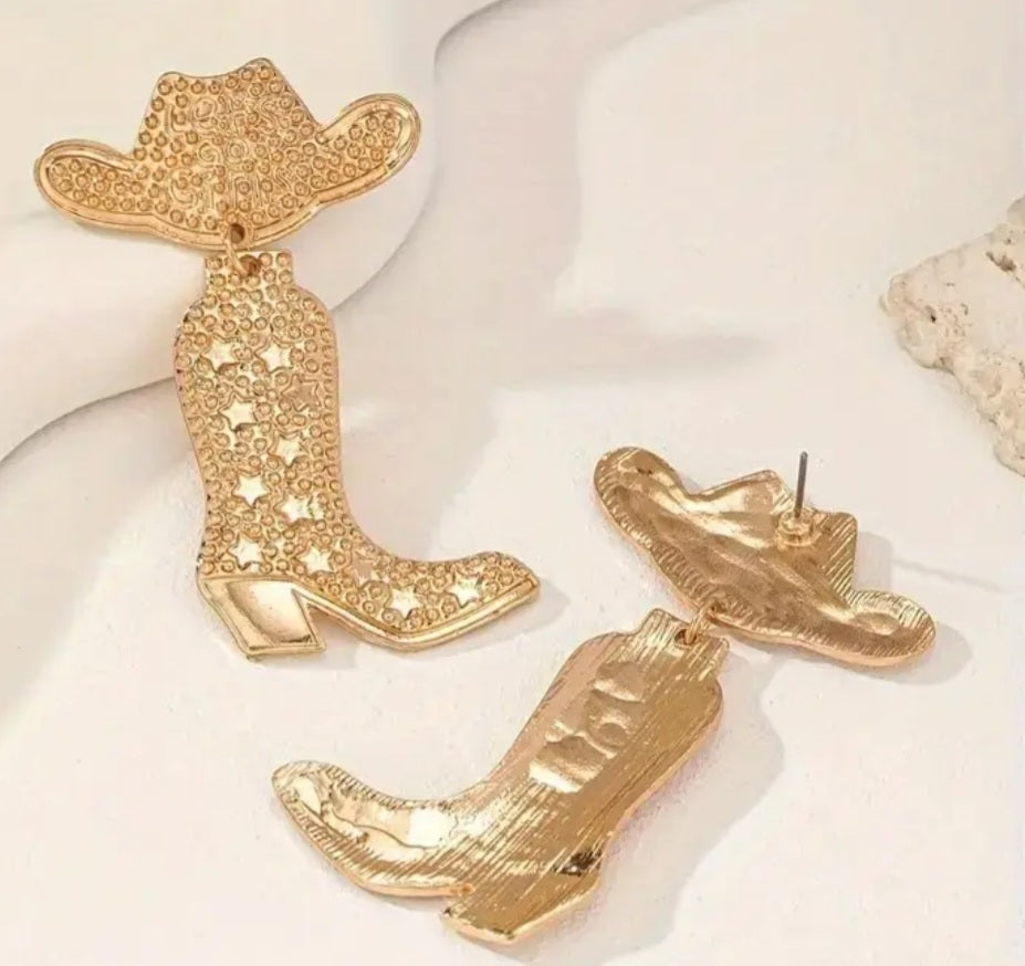 Cowboy Boots Hat Country Western Design Gold Plated Drop Dangle Earrings