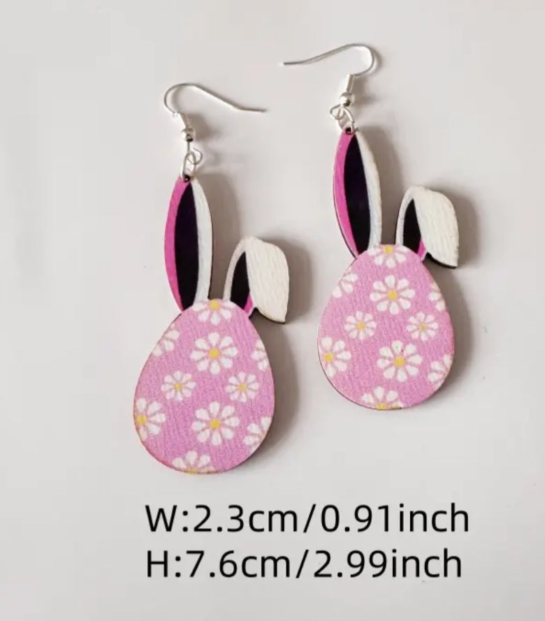 Easter Egg Bunny Ears Pink Rabbit Spring Design Wood Drop Dangle Earrings