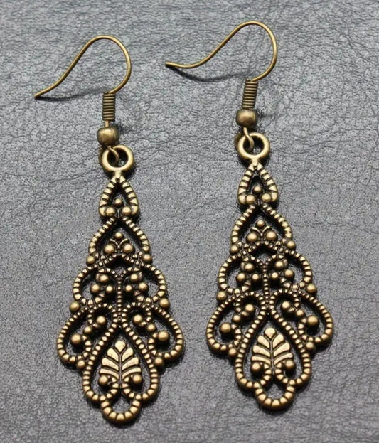 Antique Bronze Copper Plated Boho Bohemian Filagree Leaf Design Metal Drop Dangle Earrings