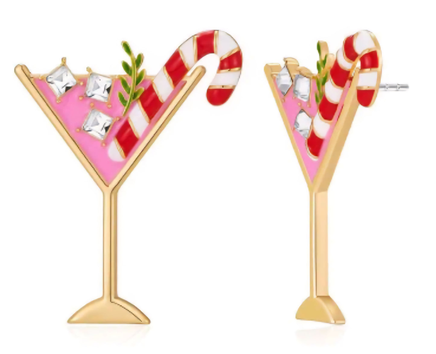 Candy Cane Christmas Festive Martini Cocktail Drink Design Enamel Rhinestone Pink Gold Plated Large Stud Earrings