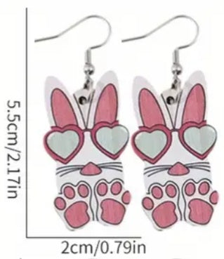 Cartoon Easter Bunny Rabbit Pink Sunglasses Spring Design Wood Drop Dangle Earrings