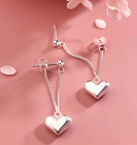Chain Heart Drop Design Dainty Silver Plated Earrings
