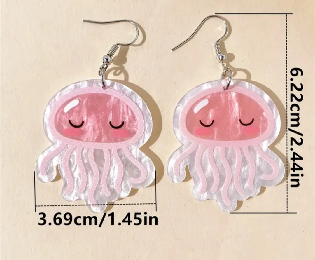 Acrylic Cartoon Jellyfish Pink Design Drop Dangle Earrings