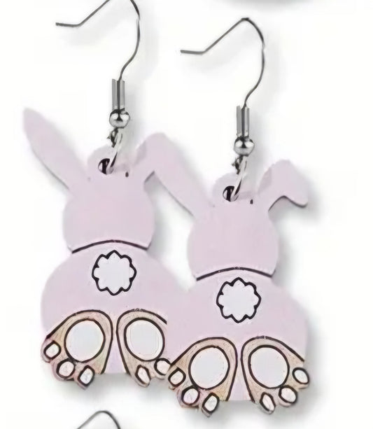 Cartoon Easter Bunny Rabbit Pink Back Spring Design Wood Drop Dangle Earrings