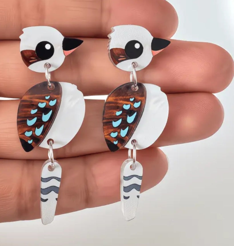3 Part Hinged Acrylic Australia  Cockatoo Kookaburra Parrot Bird Design Drop Dangle Earrings