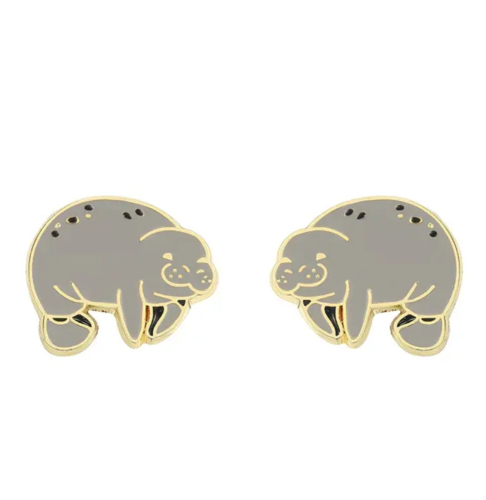 Enamel Cartoon Chubby Manatee Dugong Sea Cow Metal Stud Earrings
