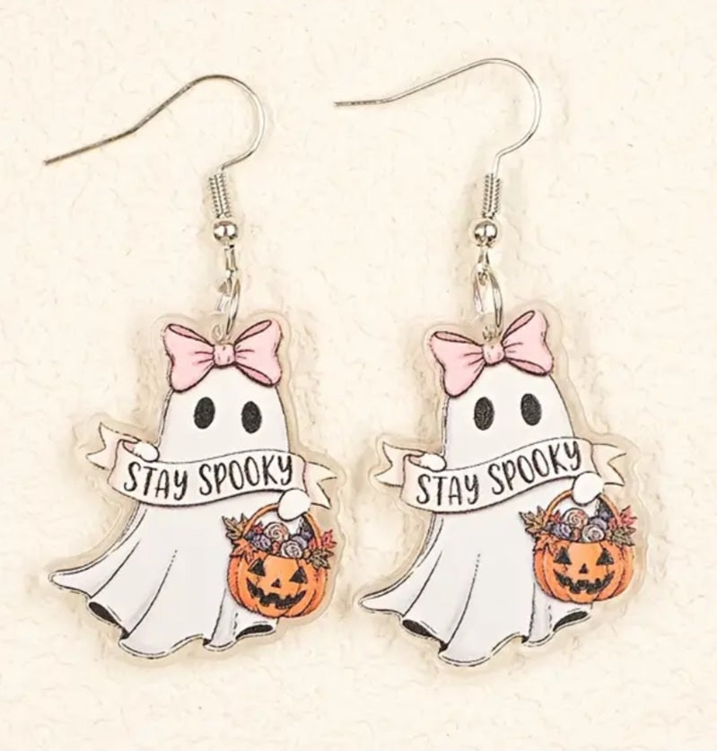 Acrylic Ghost Pink Bow Pumpkin Stay Spooky Banner Halloween Gothic Punk Design Drop Dangle Earrings