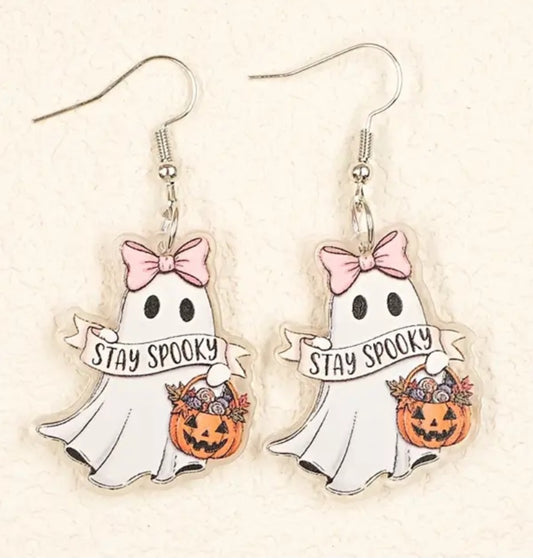 Acrylic Ghost Pink Bow Pumpkin Stay Spooky Banner Halloween Gothic Punk Design Drop Dangle Earrings