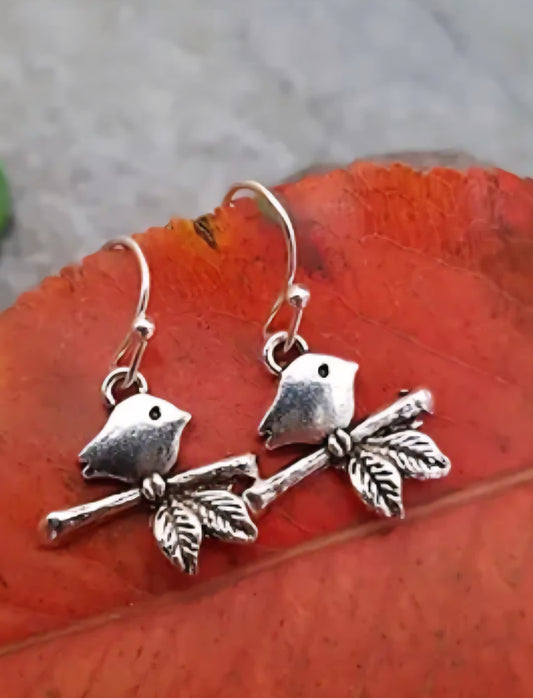 Dainty Bird On Branch Vintage Style Silver Plated Small Dangle Earrings