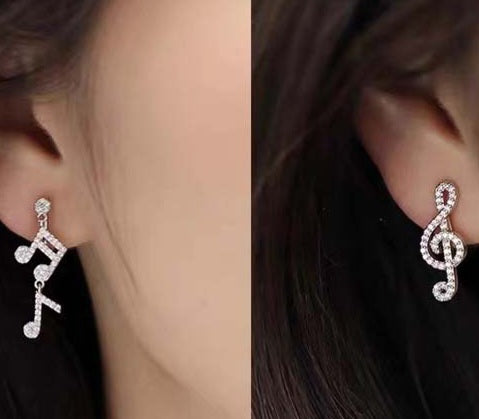 Fancy Music Note Treble Clef Rhinestone Inlay Mis-Match Silver Plated Hinged Stud Dangle Earrings