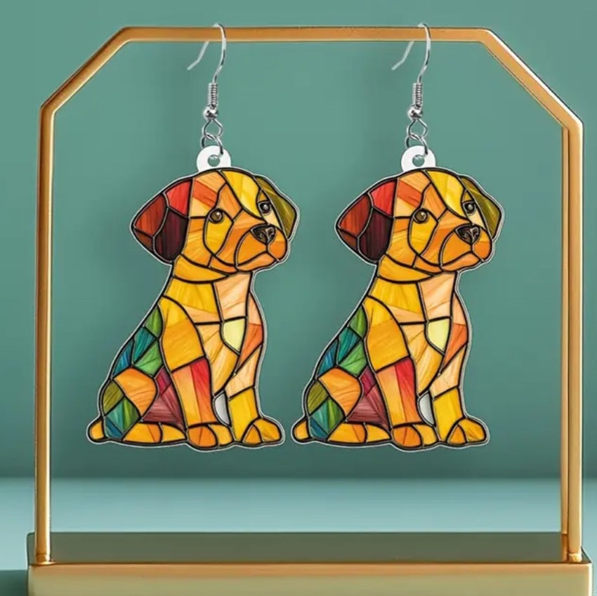 Acrylic Colourful Dog Puppy Stain Glass Windiw Design Drop Dangle Earrings