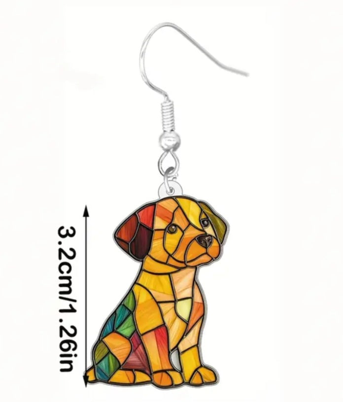 Acrylic Colourful Dog Puppy Stain Glass Windiw Design Drop Dangle Earrings
