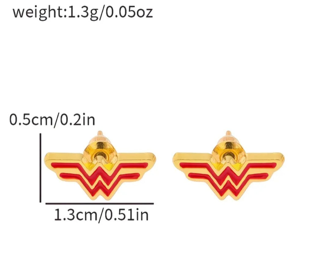 Enamel Painted Gold Plated Metal Super Hero Logo Wonder Woman Inpired Tiny Stud Earrings