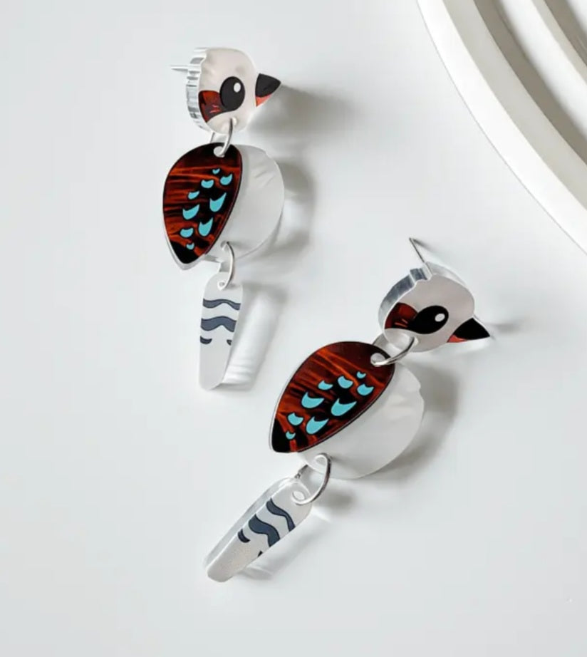3 Part Hinged Acrylic Australia  Cockatoo Kookaburra Parrot Bird Design Drop Dangle Earrings