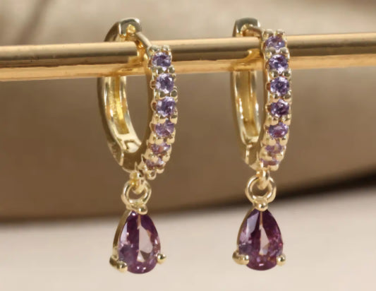 Dainty Small Copper Filled Gold Plated Cubic Zirconia Amethyst Violet Lilac Purple Crystal Coloured Gems Tear Drop Mini Huggie Style Hoop Earrings