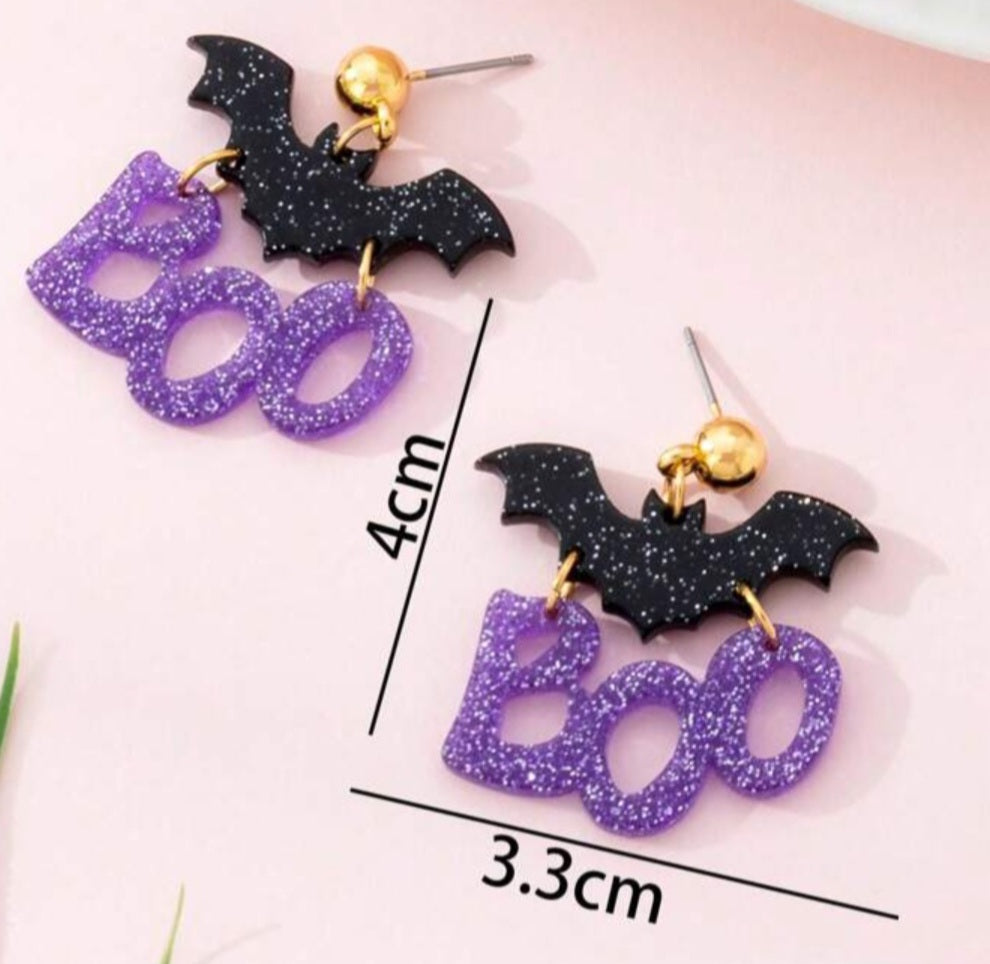 Acrylic Boo Hinged Glitter Purple Black Halloween Gothic Design Drop Dangle Earrings
