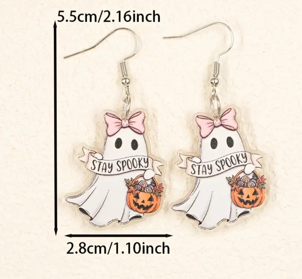 Acrylic Ghost Pink Bow Pumpkin Stay Spooky Banner Halloween Gothic Punk Design Drop Dangle Earrings