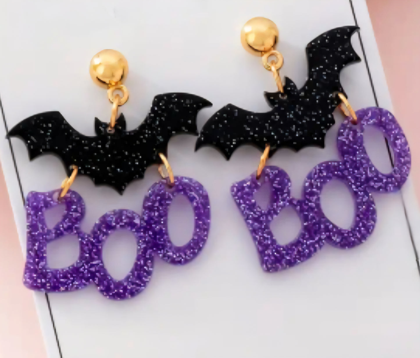 Acrylic Boo Hinged Glitter Purple Black Halloween Gothic Design Drop Dangle Earrings