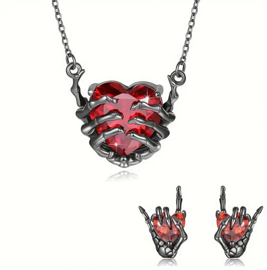Antique Blackened Metal Gothic Rock N Roll Hands Holding Red Heart Skellington Horns Stud Earrings Necklace Set