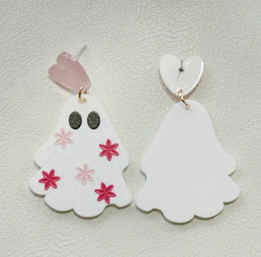 Acrylic Cartoon Ghost Pastel Pink Stars Design Halloween Heart Drop Dangle Earrings