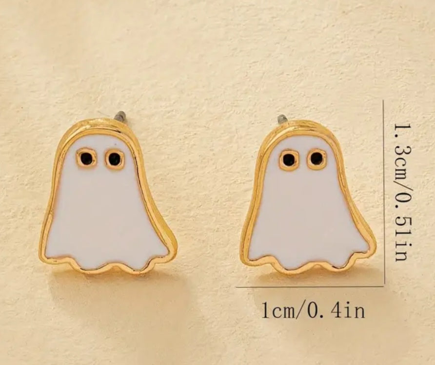Gold Plated Enamel Painted Ghost White Gothic Punk Halloween Design Small Stud Earrings