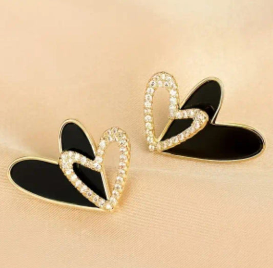Double Heart Design Black Painted Enamel Gold Plated Rhinestone Inlay Stud Earrings