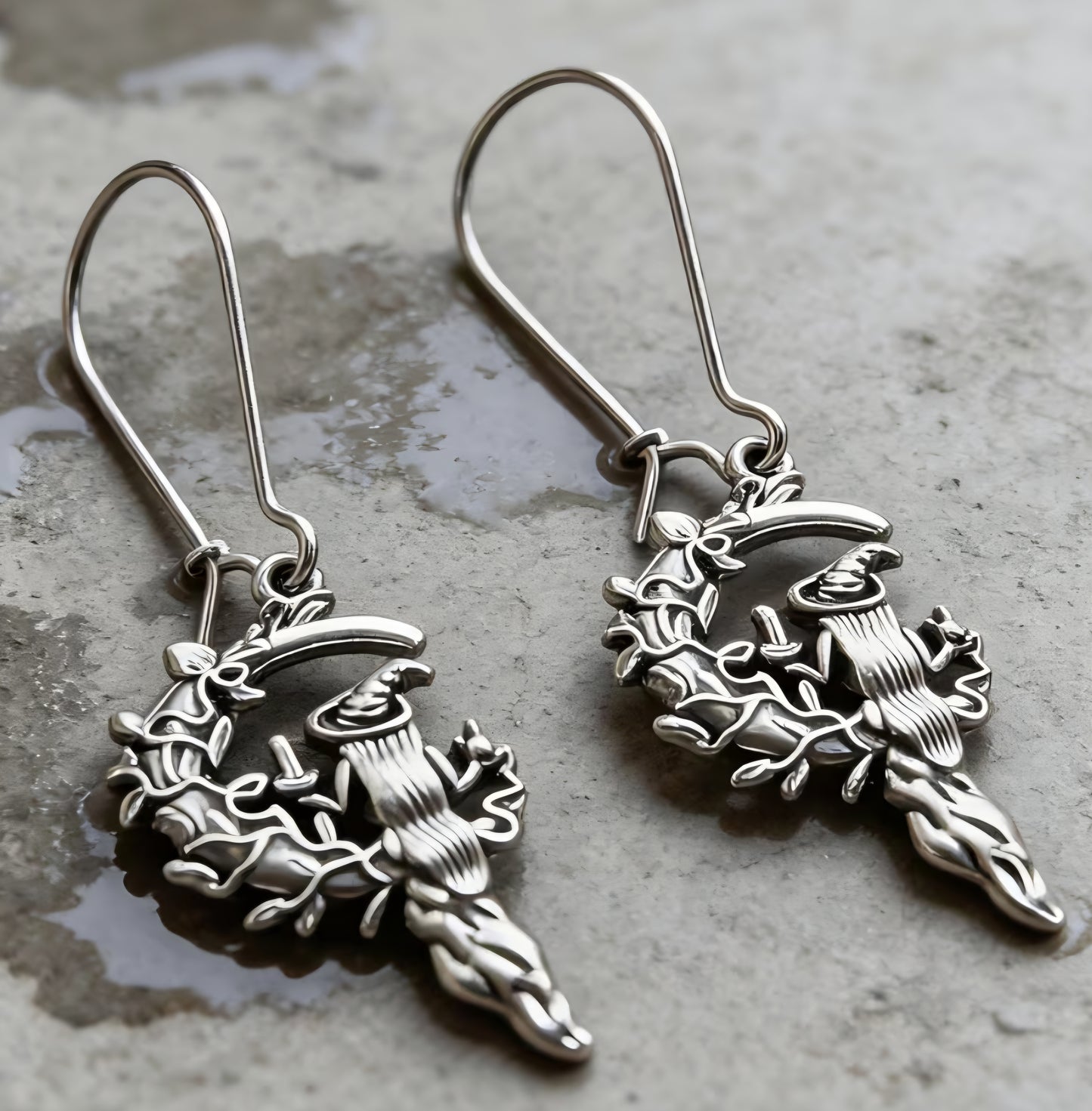 Crescent Moon Forrest Witch Magic Silver Plated Teeny Dangle Earrings