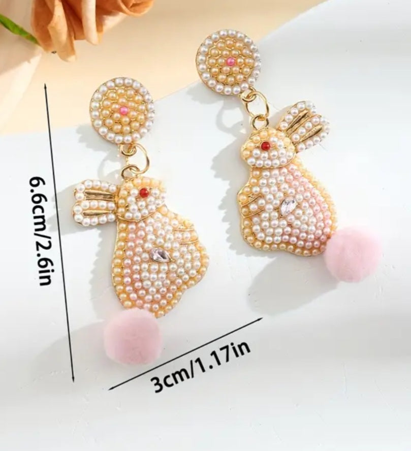Easter Bunny Faux Pearl Encrusted Gold Plated Fluffy Tail Rabbit Large Drop Dangle Earrings