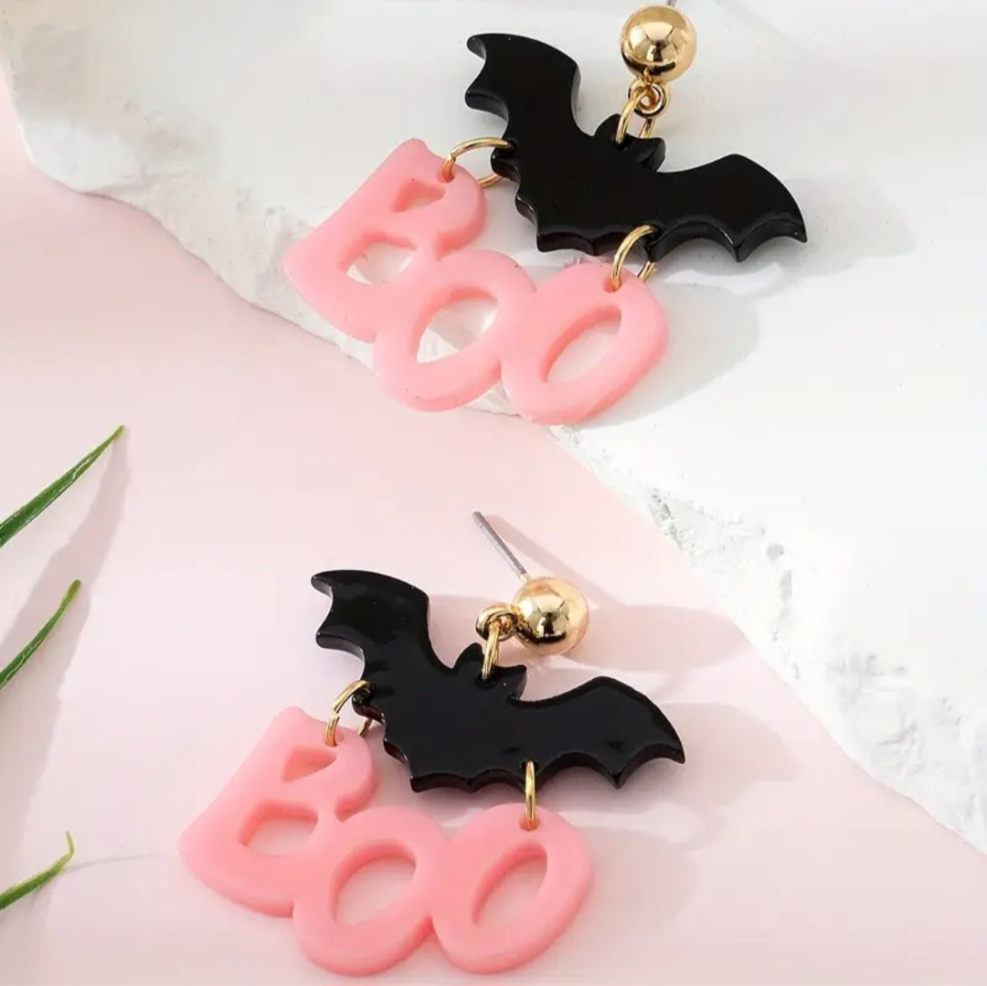 Acrylic Boo Hinged Pastel Pink Matt Black Halloween Gothic Design Drop Dangle Earrings