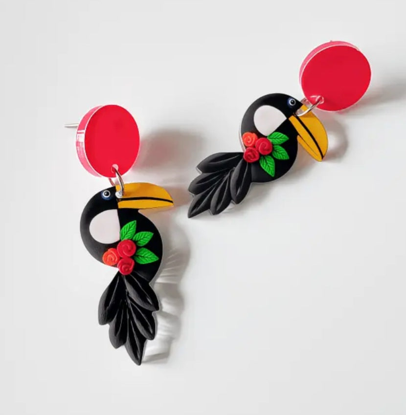 Acrylic Floral Toucan Parrot Design Drop Dangle Earrings