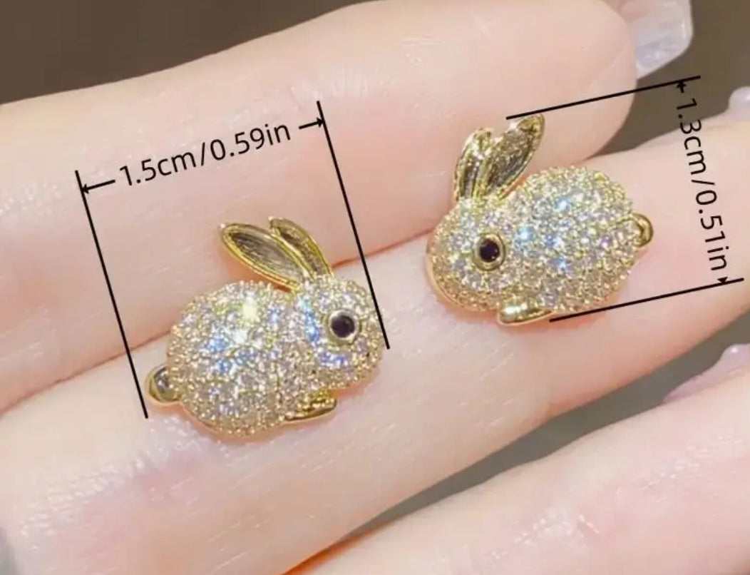 Easter Bunny Rabbit Gold Plated Rhinestone Encrusted Stud Earrings