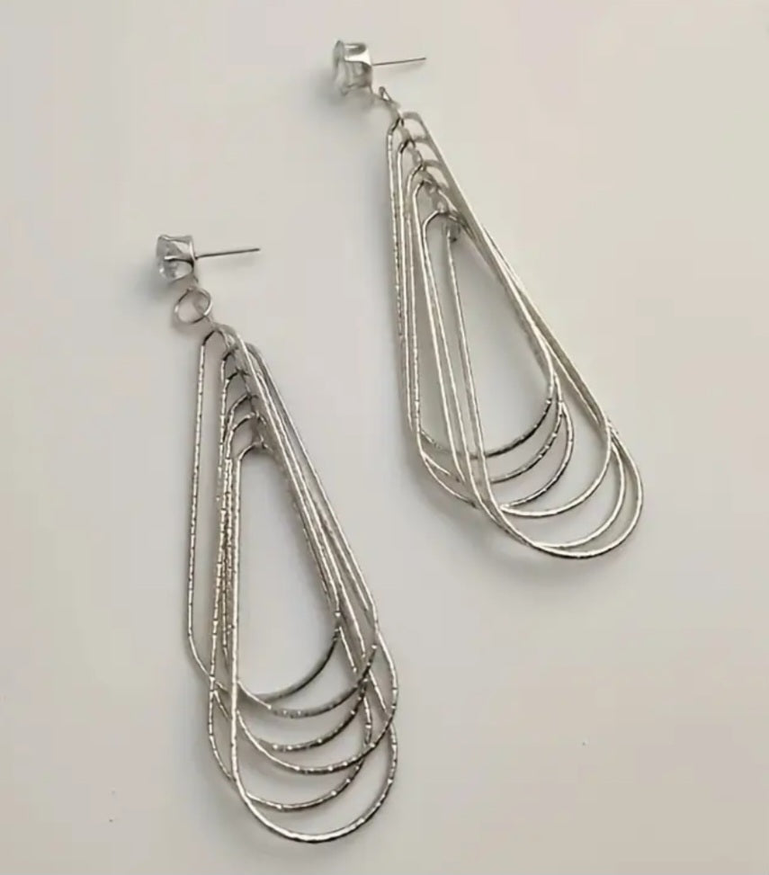Fine Wire Multi Layer Long Teardrop Rhinestone Silver Plated Drop Dangle Earrings