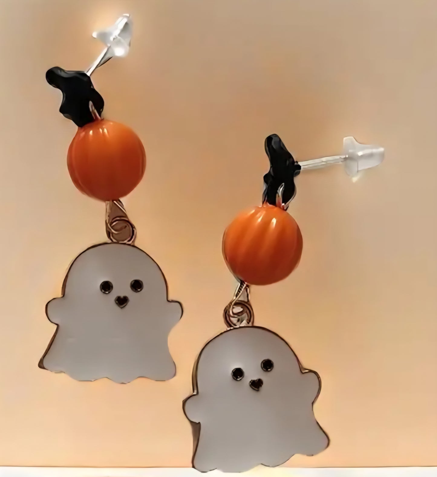 Enamel Painted Gold Plated Ghost Pumpkin Halloween Gothic Design Drop Dangle Earrings