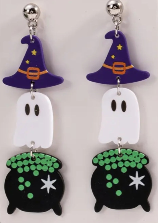 Acrylic Cauldron Ghost Witch Hat Halloween Gothic Design Hinged Drop Dangle Earrings
