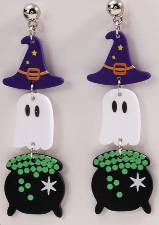 Acrylic Cauldron Ghost Witch Hat Halloween Gothic Design Hinged Drop Dangle Earrings
