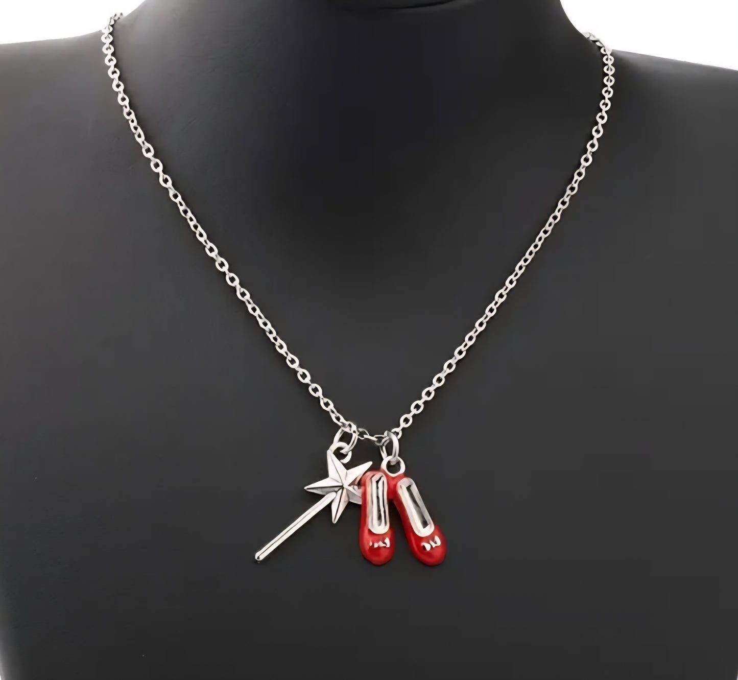 Dorothy's Ruby Red Slippers Glinda's Wand Wizard Of Oz Inspired Enamel Painted Double Charm Pendant Necklace