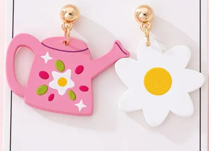 Acrylic Cartoon Daisy Flower Watering Can Garden Spring Mis-Match Drop Dangle Earrings