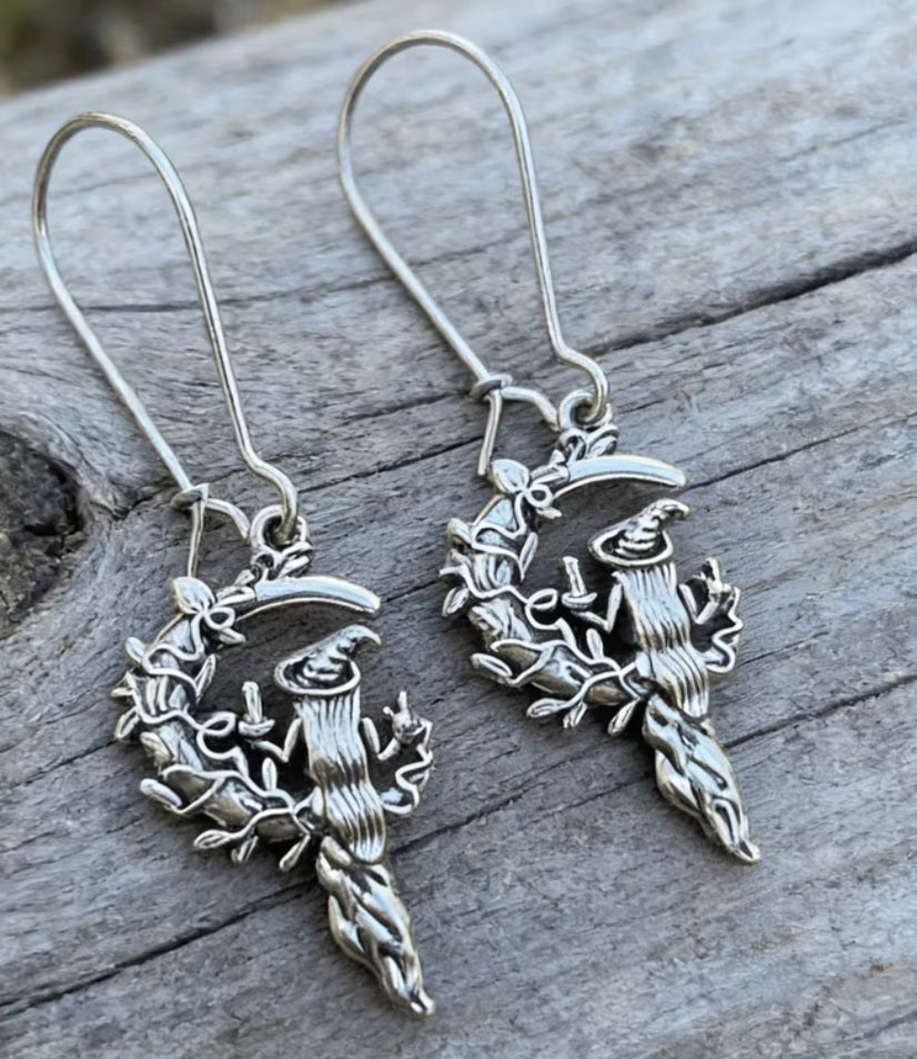 Crescent Moon Forrest Witch Magic Silver Plated Teeny Dangle Earrings