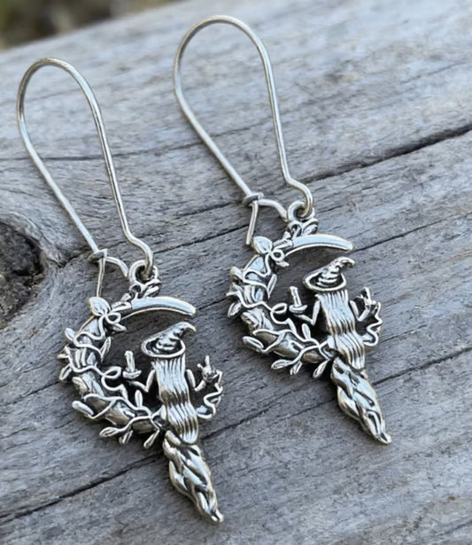 Crescent Moon Forrest Witch Magic Silver Plated Teeny Dangle Earrings