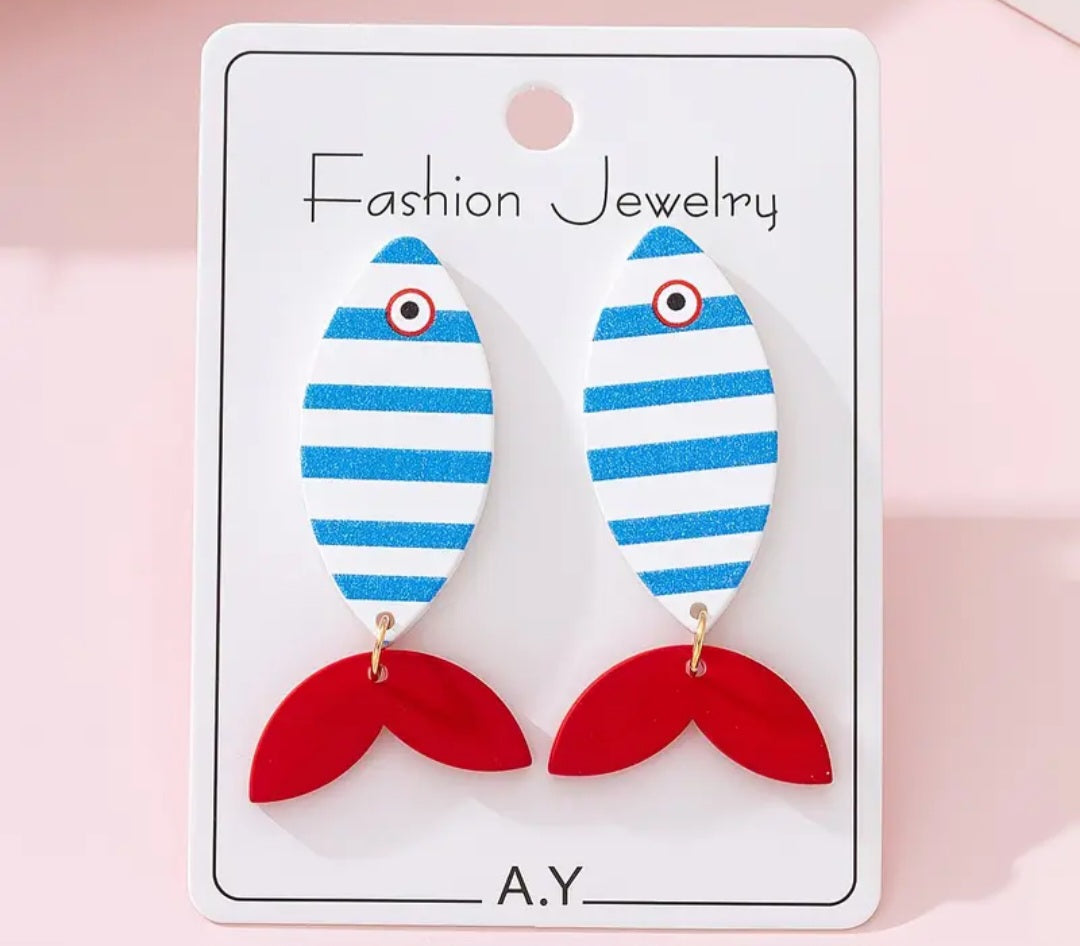Acrylic Cartoon Fish Marine Ocean Theme Striped Design Drop Dangle Earrings