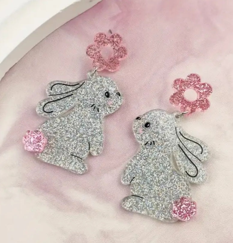 Acrylic Easter Bunny Roabbit Flower Spring Design Glitter Sparkle Drop Dangle Earrings