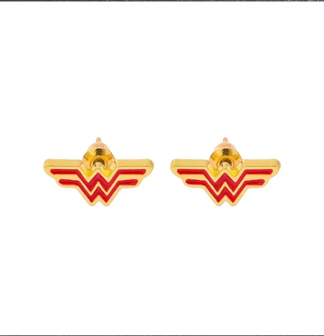 Enamel Painted Gold Plated Metal Super Hero Logo Wonder Woman Inpired Tiny Stud Earrings