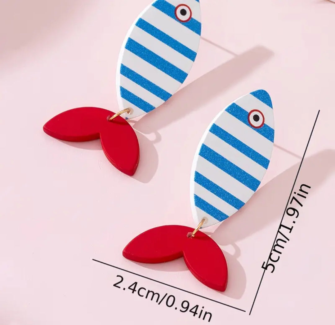 Acrylic Cartoon Fish Marine Ocean Theme Striped Design Drop Dangle Earrings